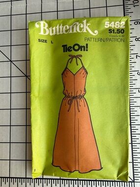 Vintage 1970s Butterick 5482 Halter Maxi Dress Pattern Tie-On Uncut Complete